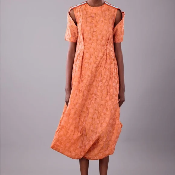 Asymmetrical Orange Dress with Striped Detail - Picture 3 of 4